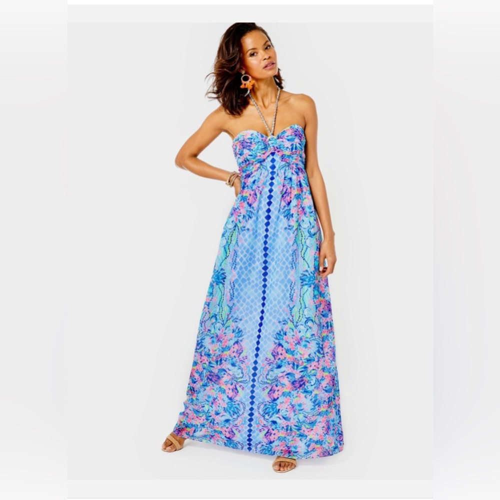 Lilly Pulitzer Strapless Blue Floral Maxi Dress